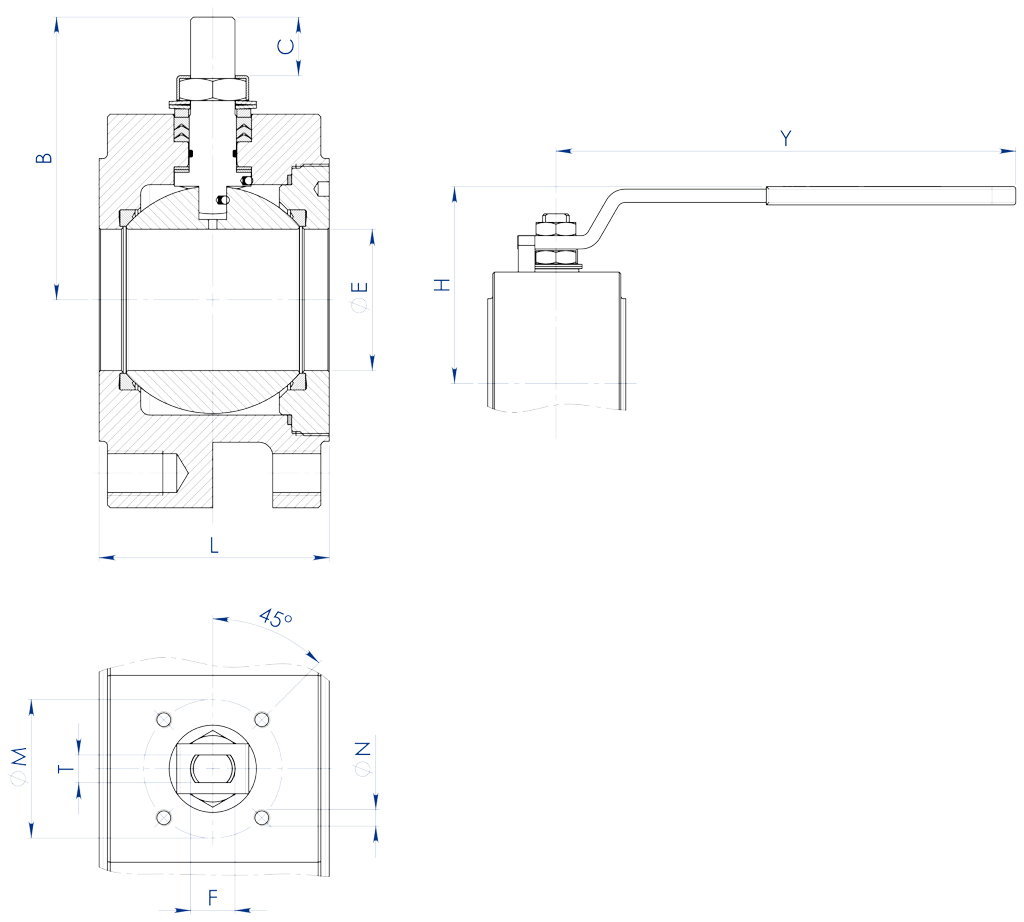MAGNUM Wafer PN 16-40 ANSI 150-300 carbon steel ball valve - dimensions - 