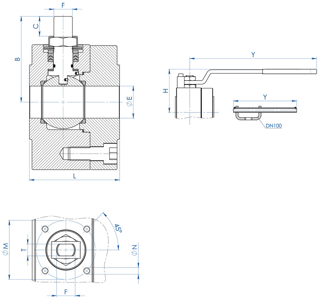 MAGNUM Split Wafer PN 63-100 ANSI 600 stainless steel ball valve - dimensions - 