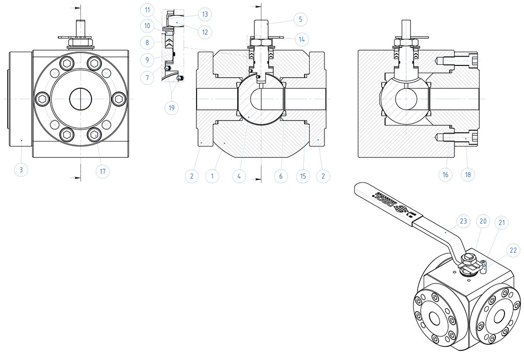 MAGNUM Split Wafer 3 ways 4 seals PN 16-40 ANSI 150 stainless steel ball valve - materials - 