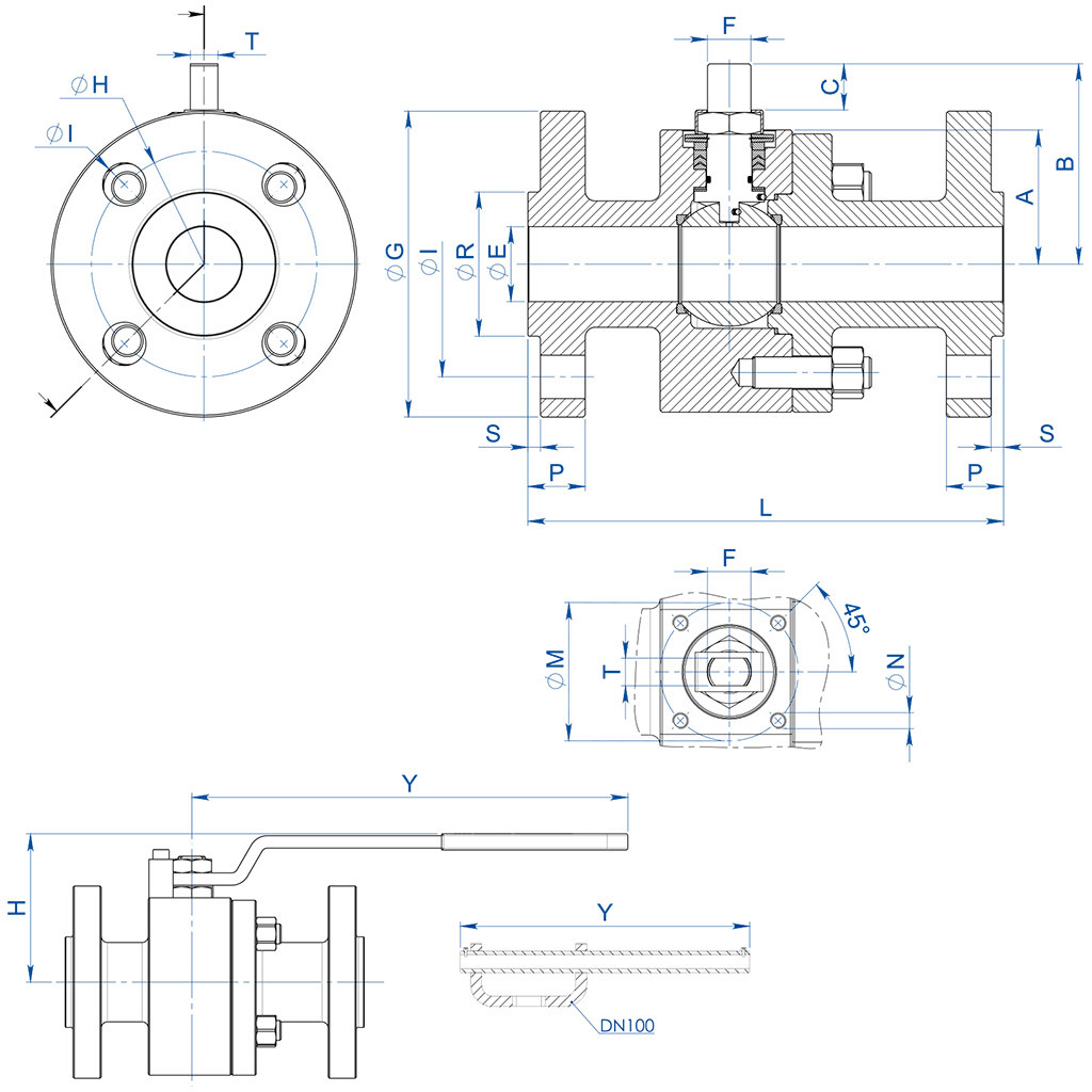 THOR Split Body PN 63-100 ANSI 600 carbon steel ball valve - dimensions - 