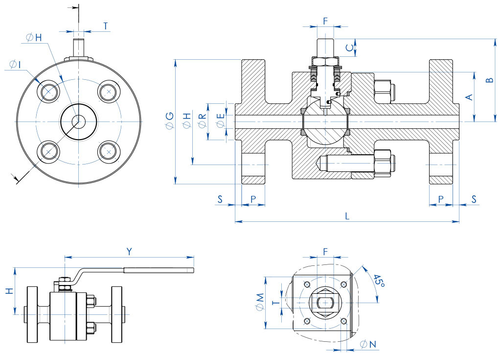 THOR Split Body ANSI 900-1500 stainless steel ball valve - dimensions - 
