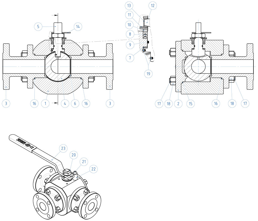 THOR Split Body 3 ways 4 seals PN 16-40 ANSI 150 stainless steel ball valve - materials - 