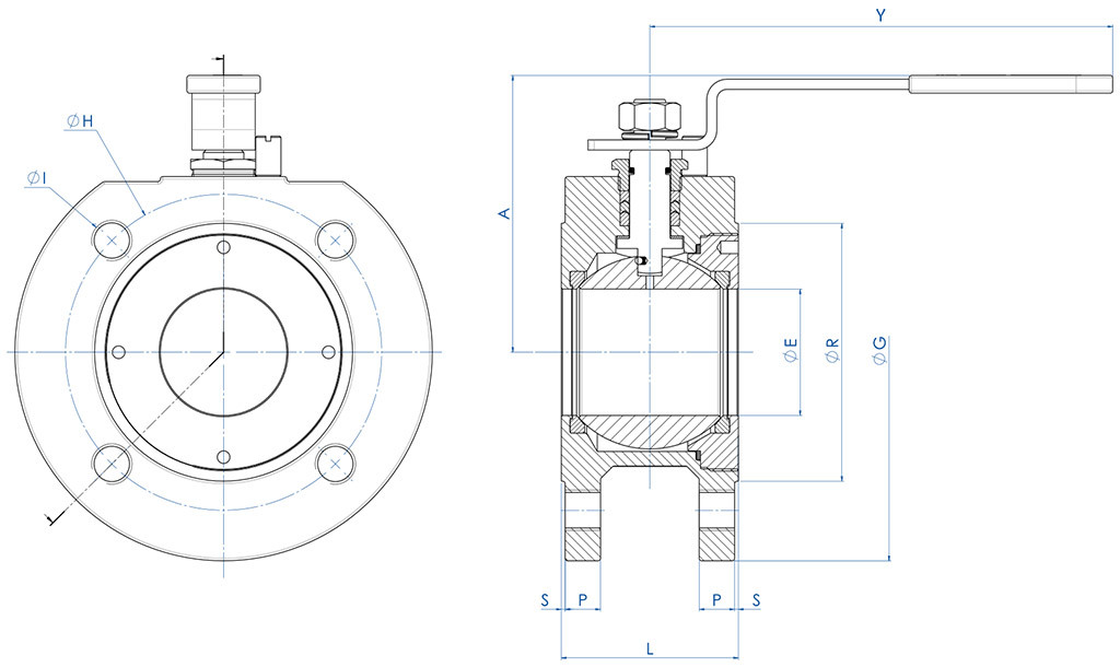 STARK Wafer PN 16-40 stainless steel ball valve - dimensions - 