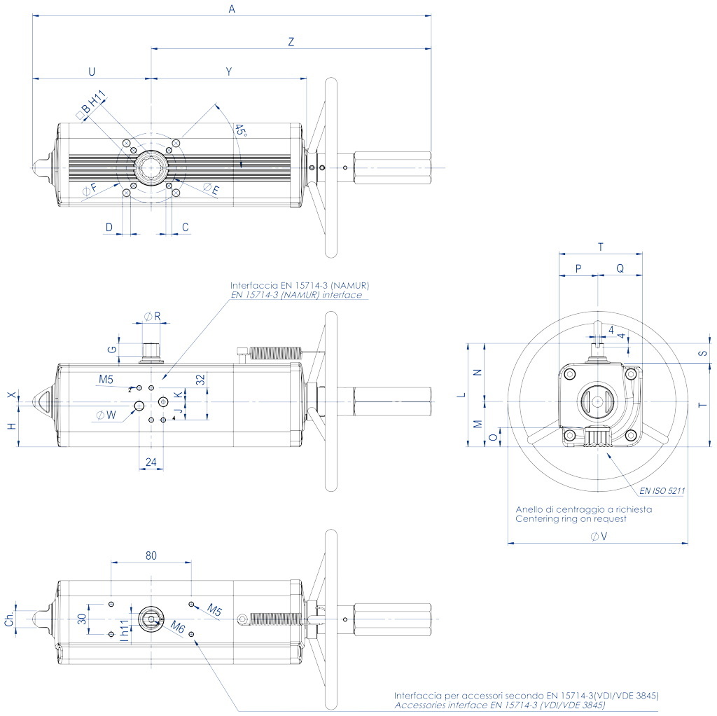 Pneumatic actuator double acting DA with integrated handwheel - dimensions - DANV 60 ÷ DANV 1920