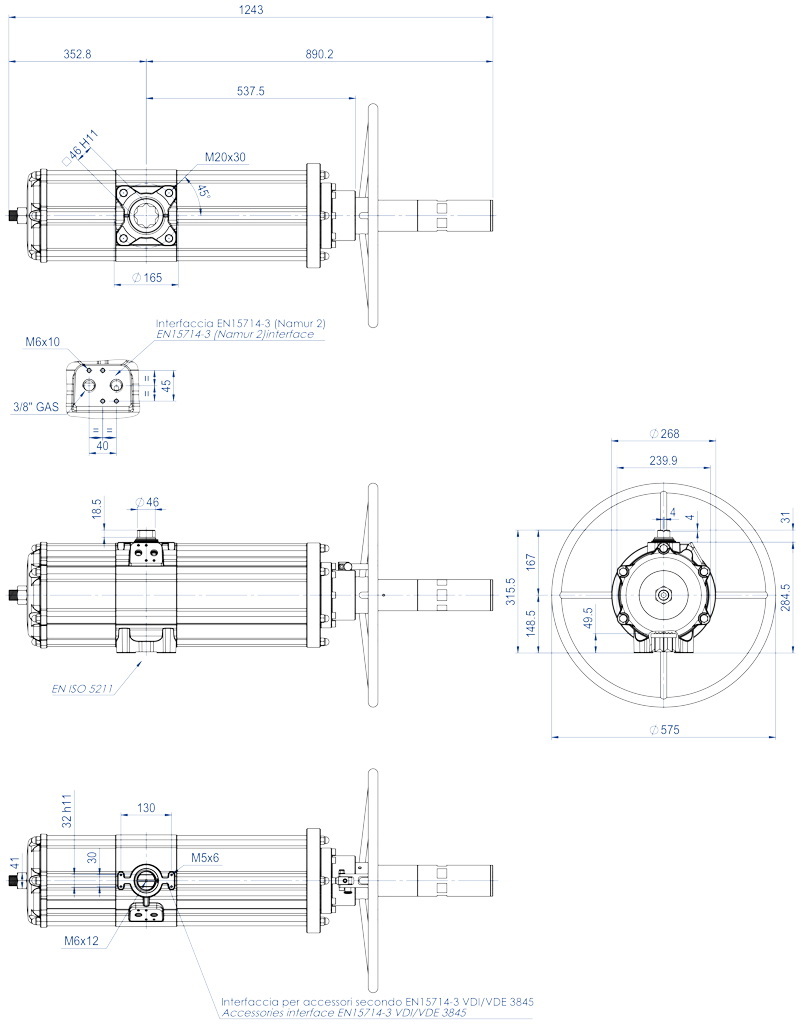 Pneumatic actuator double acting DA with integrated handwheel - dimensions - DANV 3840