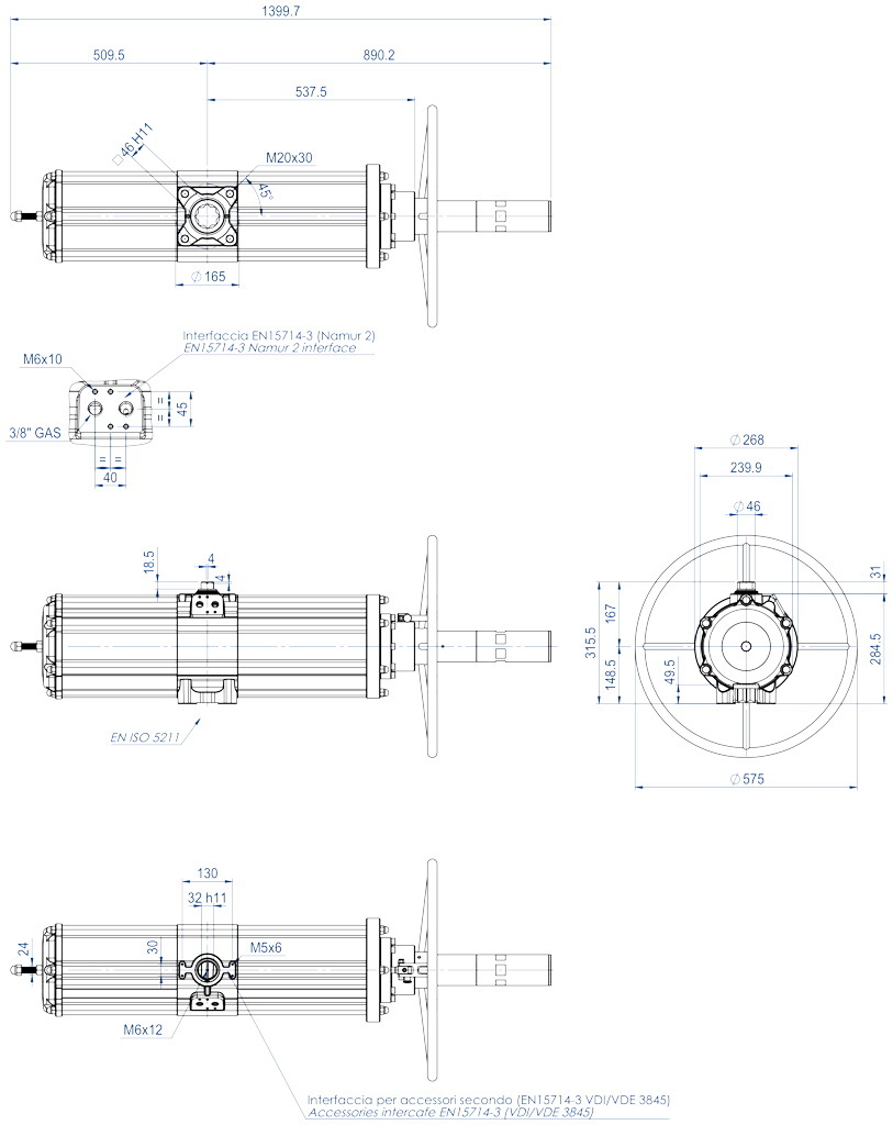 Pneumatic actuator spring return SR with integrated handwheel - dimensions - SRNV 1920