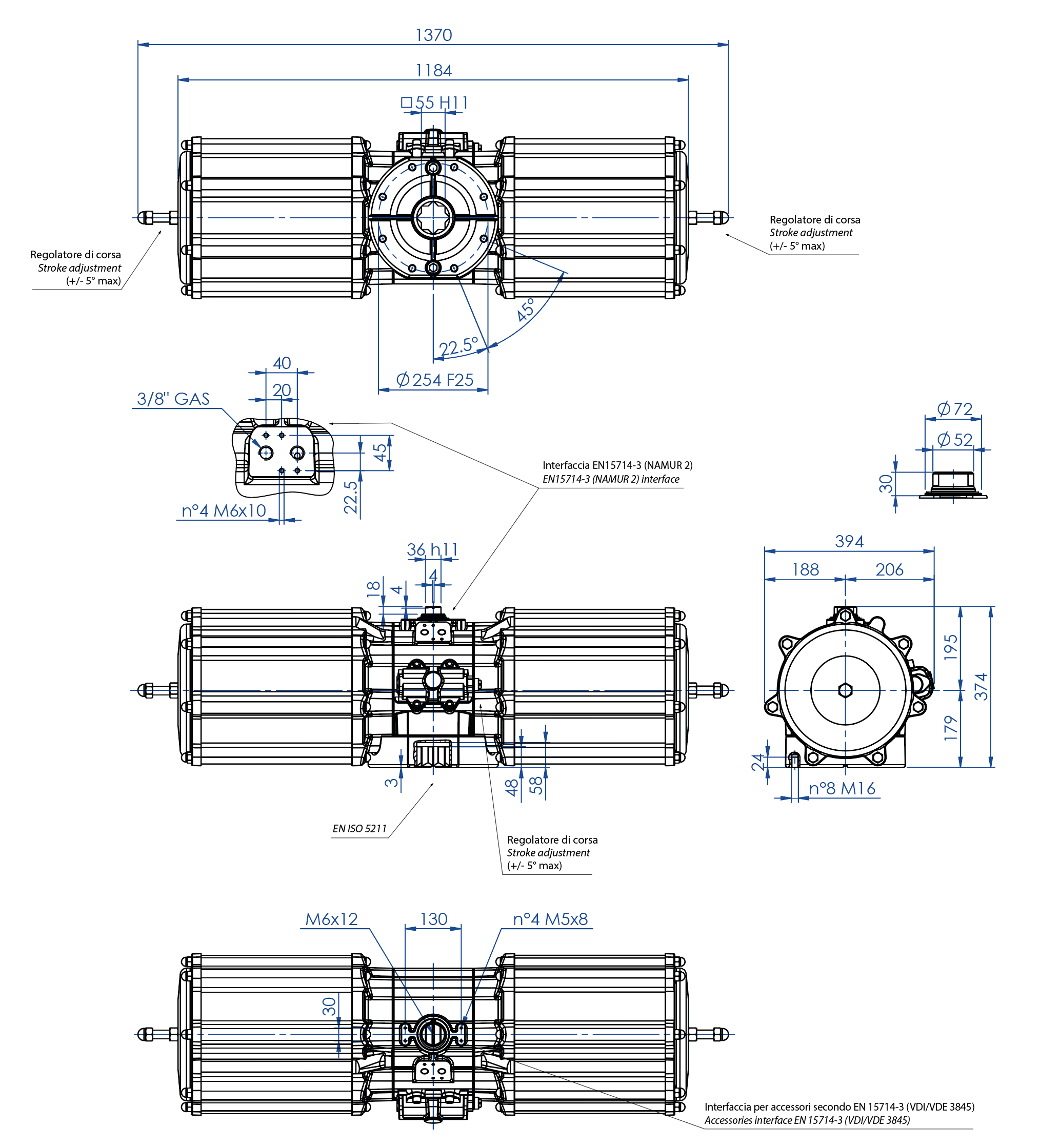 AGO - Aluminium spring return SR type - dimensions - Spring return pneumatic actuator size SR 4000 (Nm)