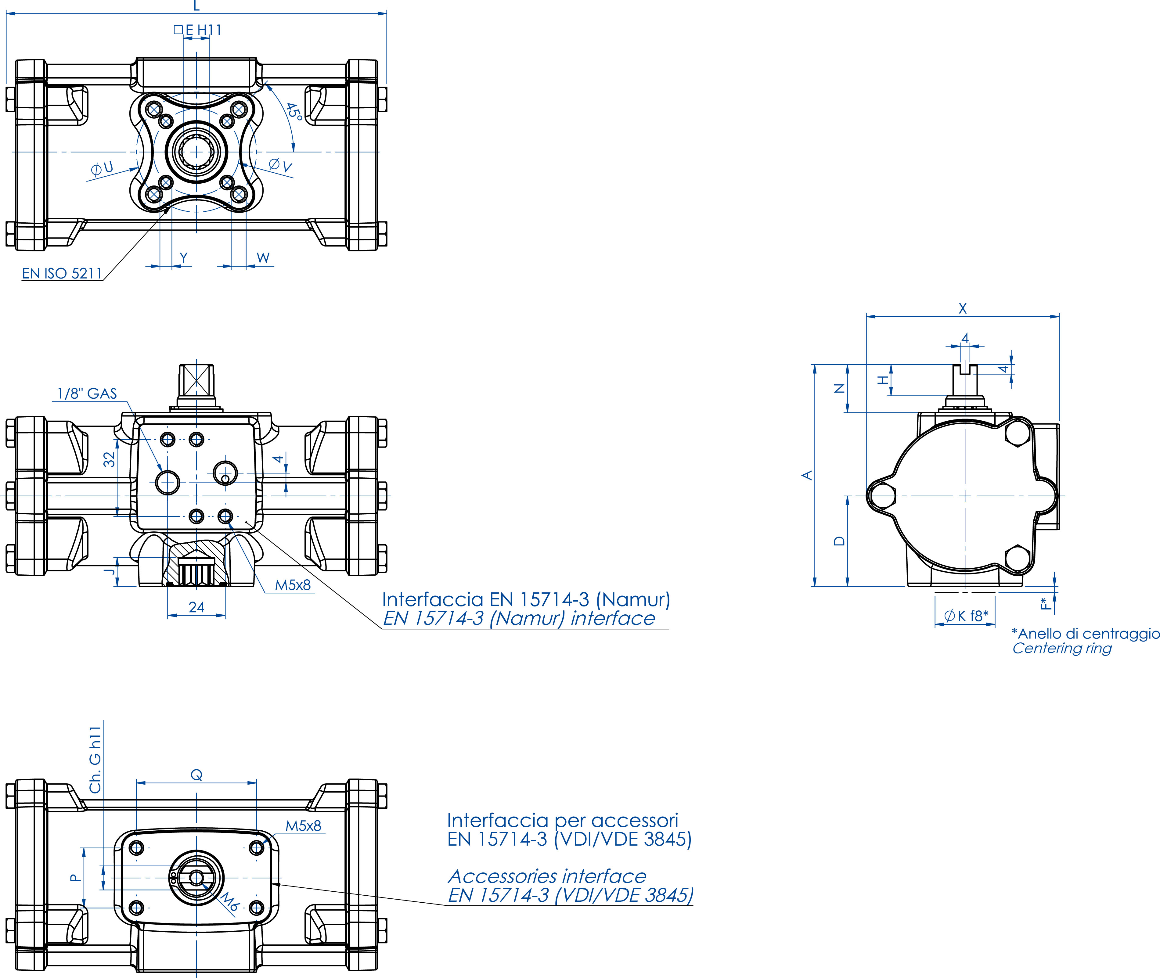 AGO CF8M - DA type inox precision casting CF8M - dimensions - DA 60 ÷ DA 480