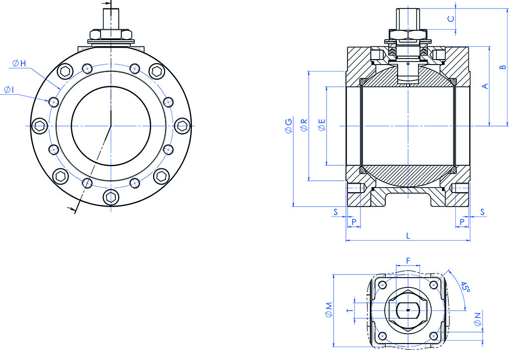 MAGNUM Split Wafer PN 16-40 ANSI 150-300 casting stainless steel ball valve - dimensions - FREE SHAFT DIMENSIONS