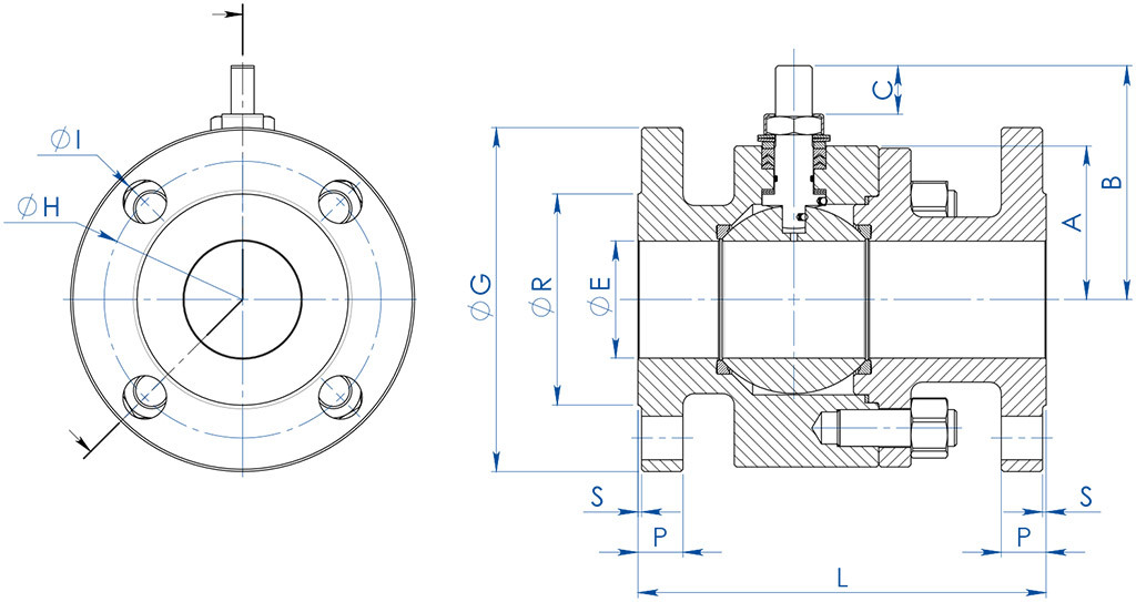 THOR Split Body PN 16-40 ANSI 150-300 stainless steel ball valve - dimensions - 