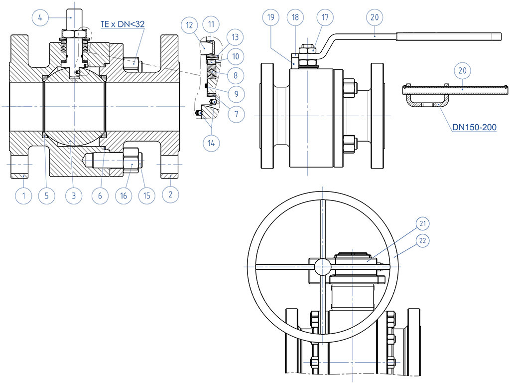 THOR Split Body ANSI 150-300 reduced bore stainless steel ball valve - materials - 