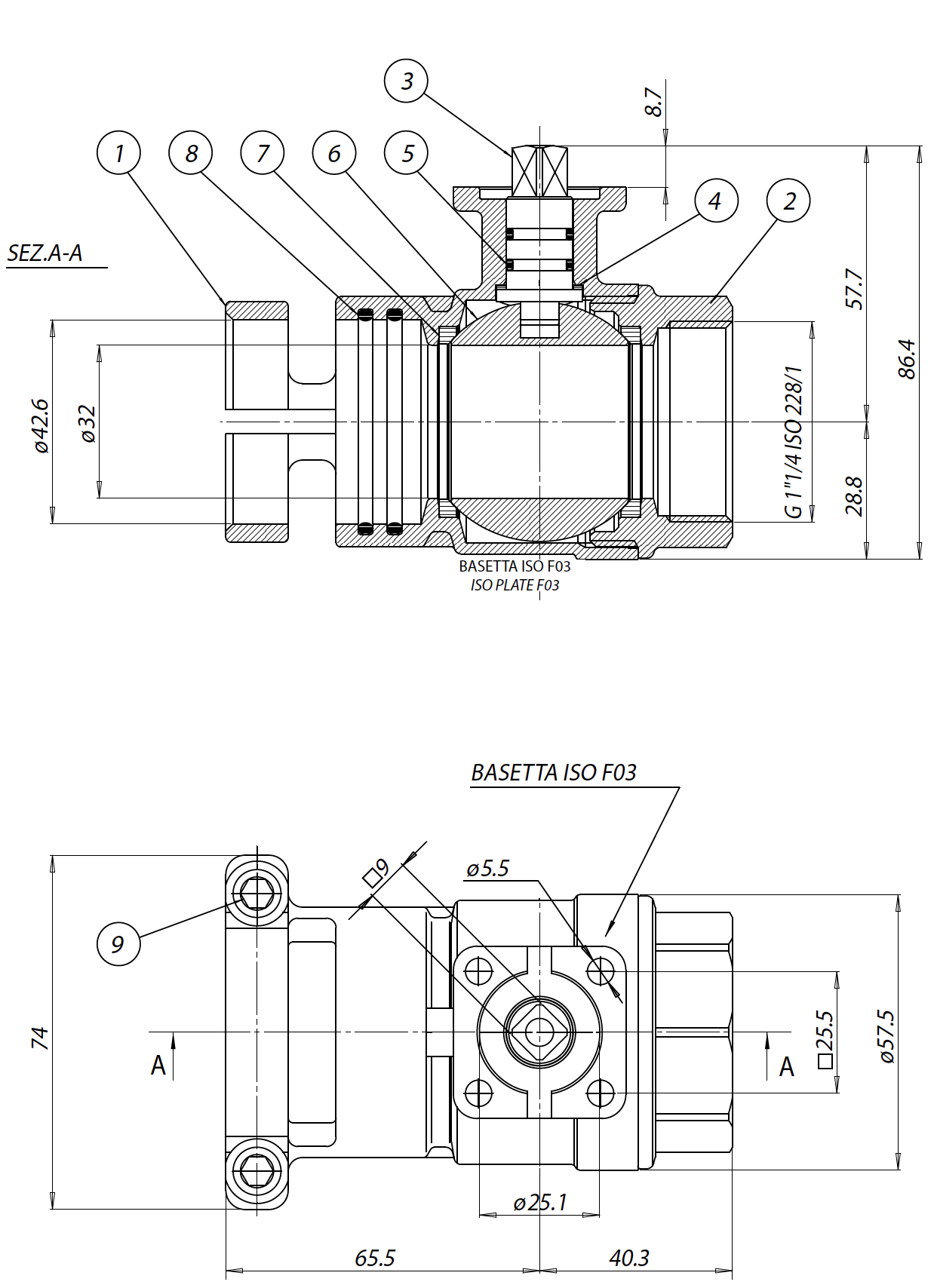 Item D122 brass ball valve - dimensions - 