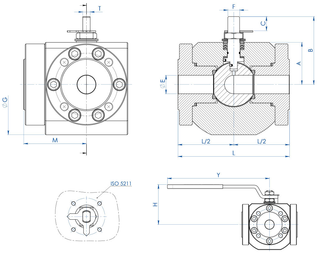 MAGNUM Split Wafer 3 ways 4 seals PN 16-40 ANSI 150 stainless steel ball valve - dimensions - 